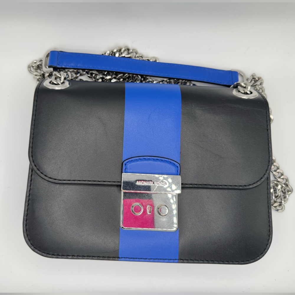 Michael Kors Black Shoulder Bag with Blue Center Stripe